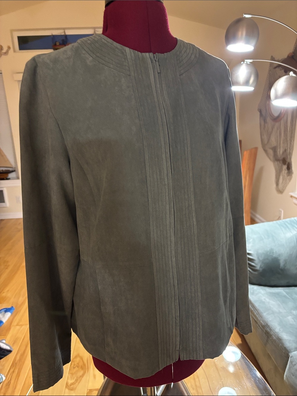 Collared Suede Zip Jacket in Olive Green